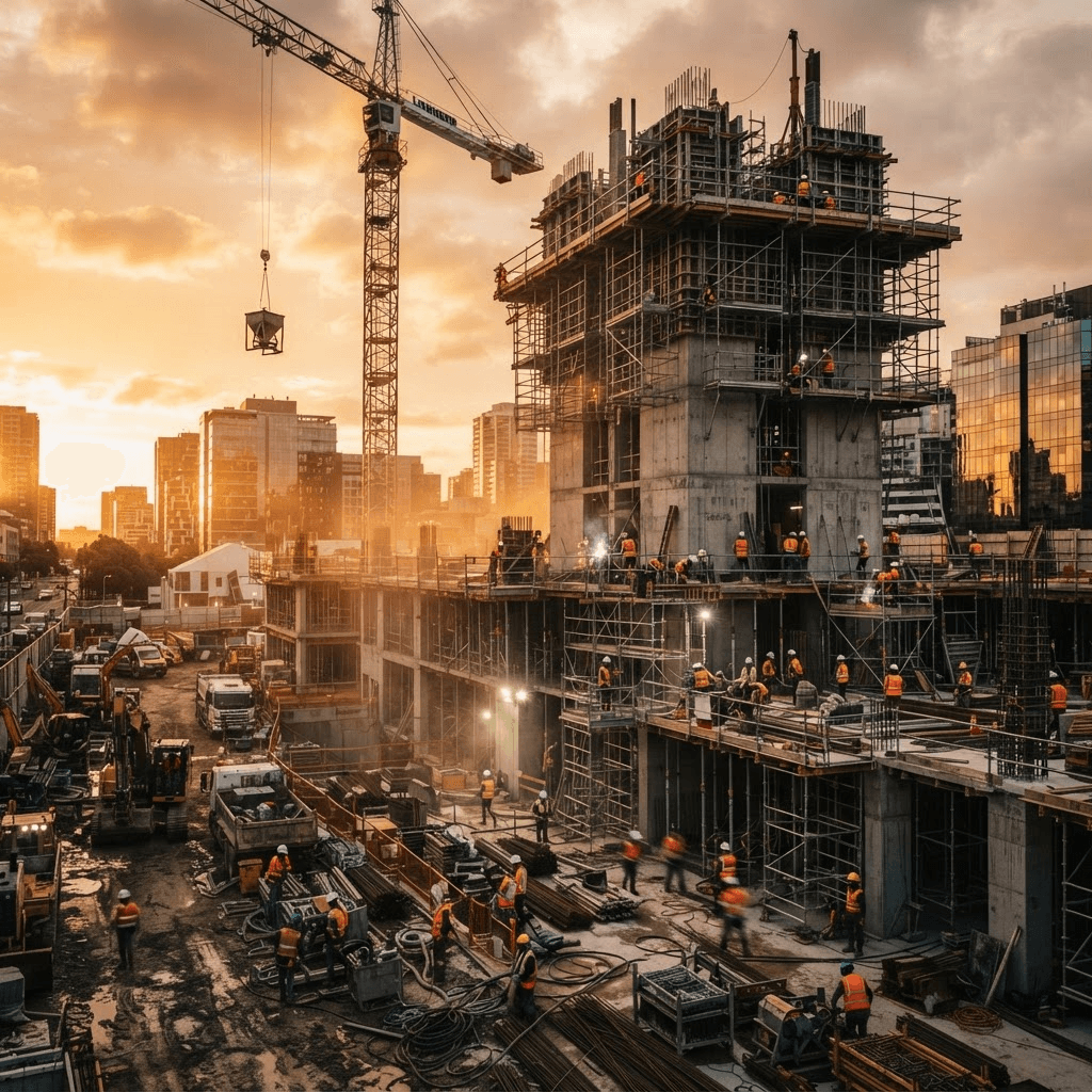 Chantier de construction actif au coucher du soleil